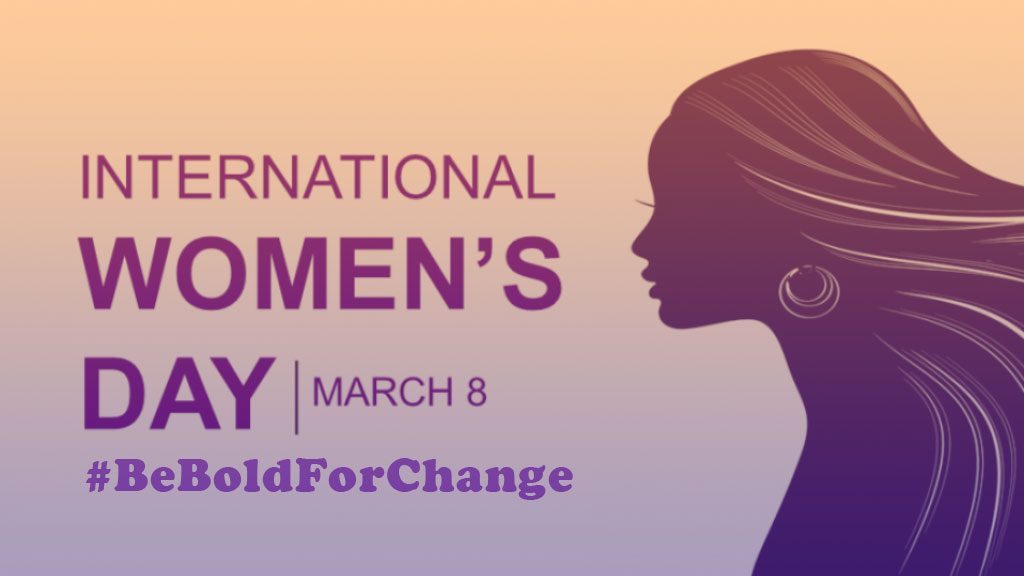 image of a woman with flowing hair in gradient purple with the words "international women's day" "march 8" "#beboldforchange 