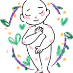 hand-drawn person with one hand on their heart and one hand over their genitals surrounded by a wreath of leaves and hearts
