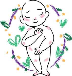hand-drawn person with one hand on their heart and one hand over their genitals surrounded by a wreath of leaves and hearts