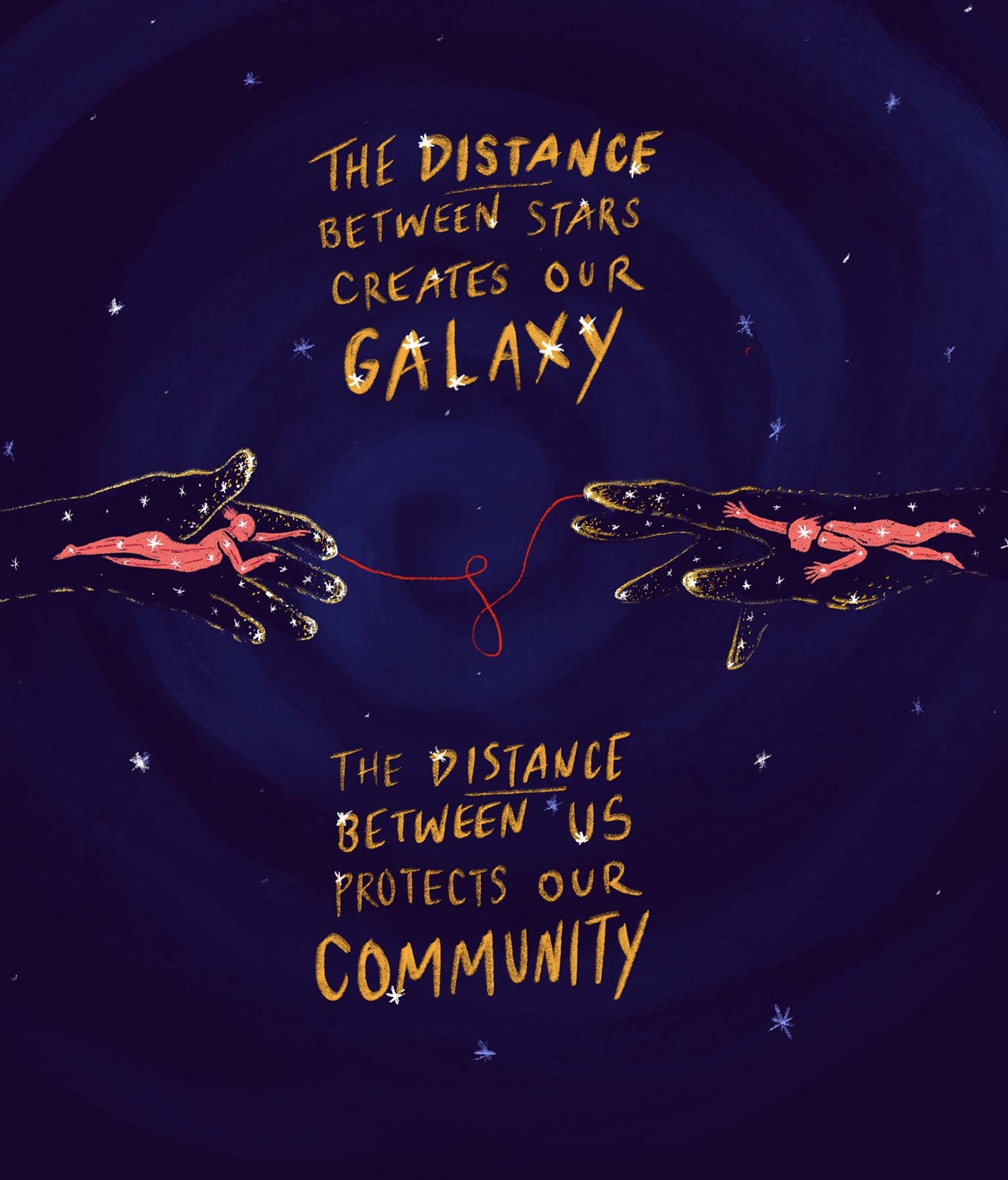 painting of space with the outline of two hands reaching toward each other and that are linked with a red thread. The hands have images of people also reaching out. The caption says "the distance between stars creates our galaxy. The distance between us protects our community.