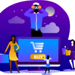 purple background with clouds, stars and the moon with an image of a computer and 3 people with shopping bags and one with binoculars