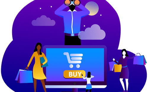 purple background with clouds, stars and the moon with an image of a computer and 3 people with shopping bags and one with binoculars