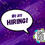purple background with stars with a speech bubble on top with the words "We are HIRNING" on top and the GRCGED logo in the lower right corner