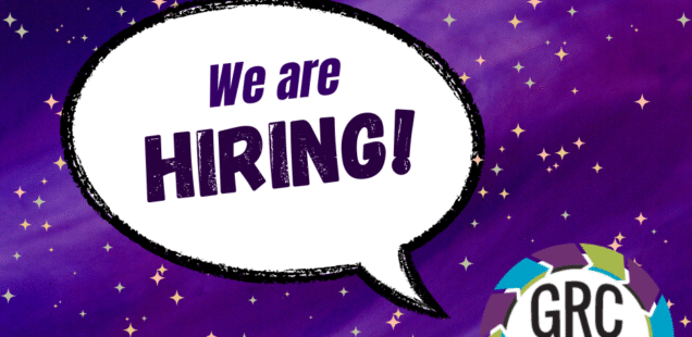 purple background with stars with a speech bubble on top with the words "We are HIRNING" on top and the GRCGED logo in the lower right corner