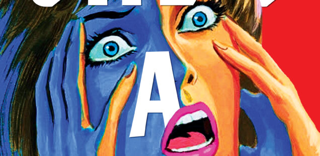 Book cover of She's a Lamb by Meredith Hambrock with an image of a woman with her mouth open holding the sides of her face