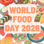 Clip art of food with the words World Food Day 2026 in the middle and the GRCGED logo on the lower left side
