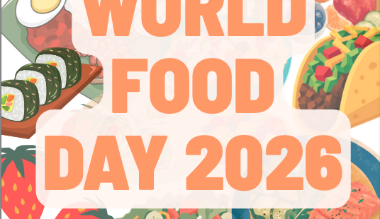 Clip art of food with the words World Food Day 2026 in the middle and the GRCGED logo on the lower left side